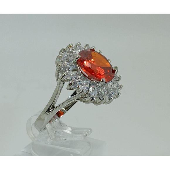 Orange Oval Sunburst Cocktail Ring Silver Tone Split Shank Statement Size 6.5 - Picture 7 of 10